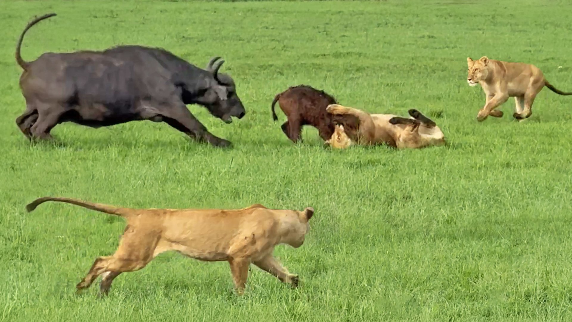 Buffalo Mother And Herd Try to Save Calf From Pride Of Lions