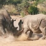 Mother rhino goes horn-to-horn with aggressive male to defend her calf
