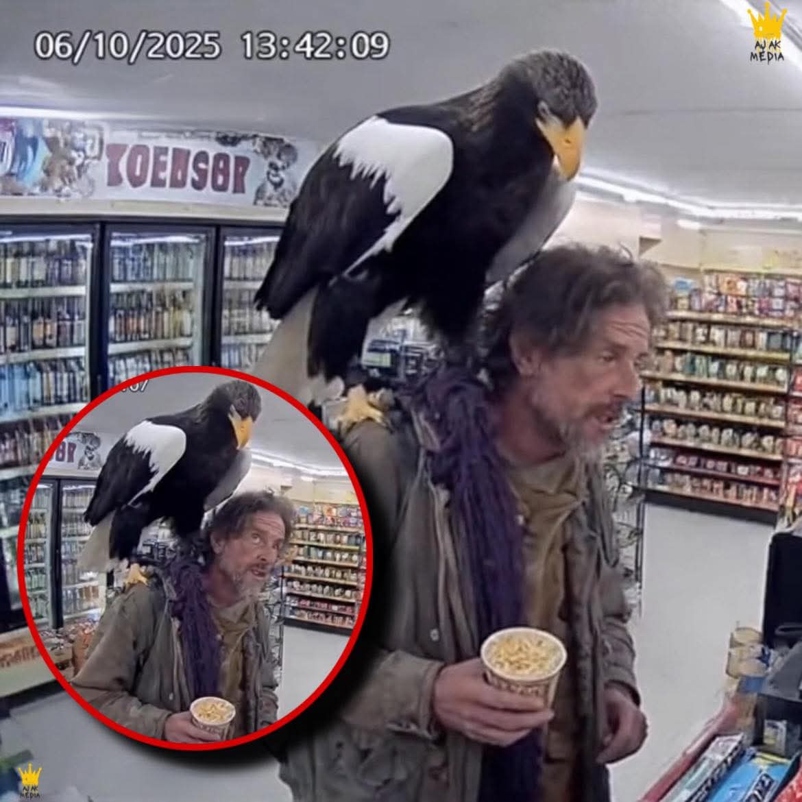 Miro Santeri Sarola on X: "Homeless dude came to market in Alaska 6.10.25. with eagle on his shoulder. Eagle was recognised as "extinct" species. Both man and bird however disappeared after taking