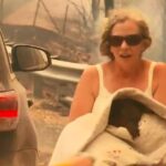 Toni Doherty (pictured with Lewis) was recorded running into an out-of-control bushfire to save him