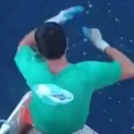 Terrifying moment great white shark lunges out of sea just inches away from fishermen as it devours tuna from line