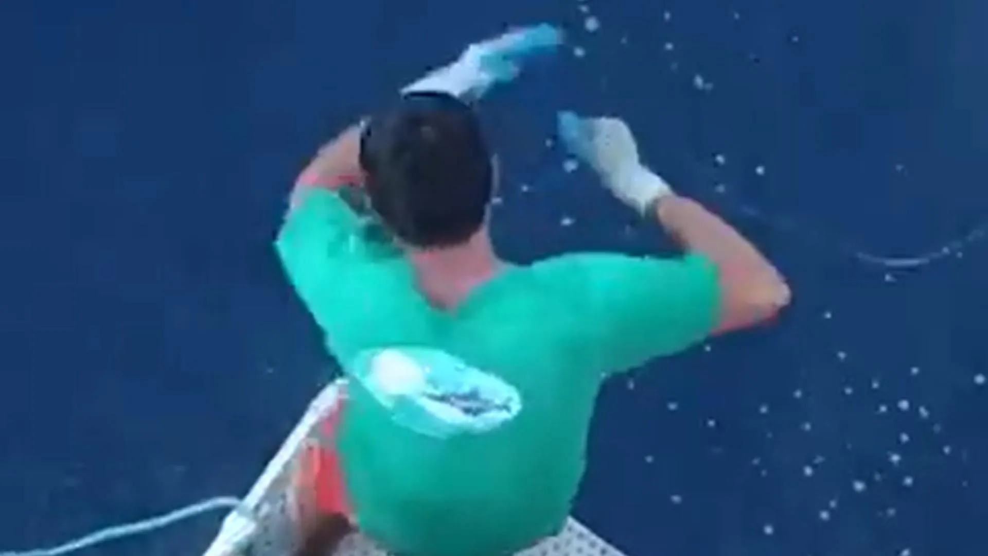 Terrifying moment great white shark lunges out of sea just inches away from fishermen as it devours tuna from line