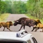 Lions Hunt Buffalo In The Middle Of The Road